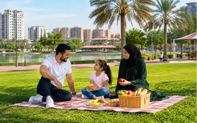 Family enjoying a picnic on the green lawn at Al Nahda Pond Park in Dubai.